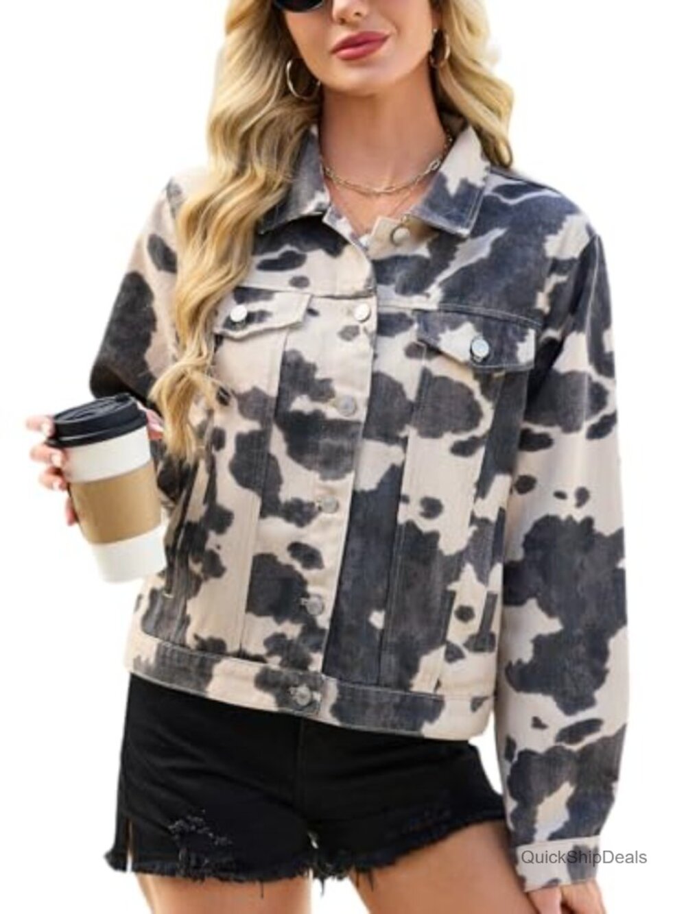 Oversized Animal Print Denim Jacket Cotton Blend Button Front Casual